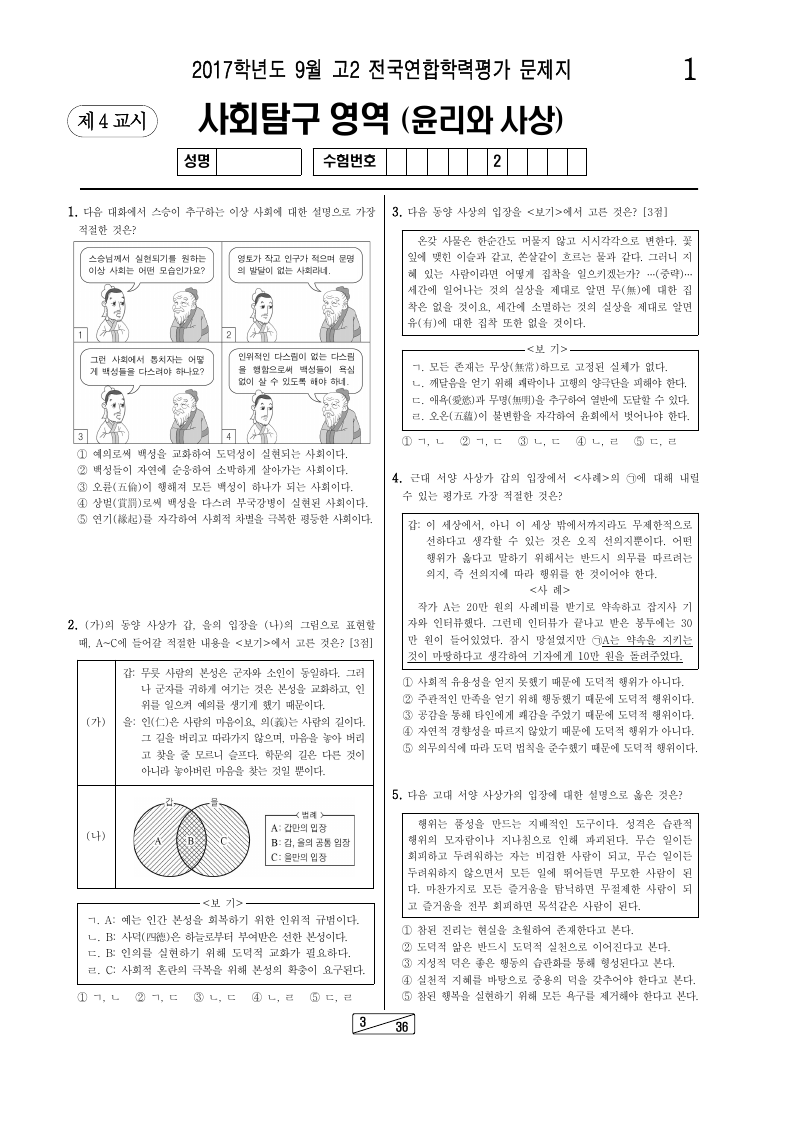 2017년 9월 고2 학력평가 윤리와사상 시험지 첫 페이지