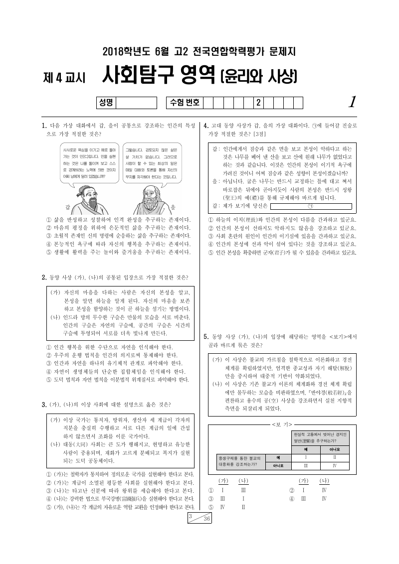 2018년 6월 고2 학력평가 윤리와사상 시험지 첫 페이지