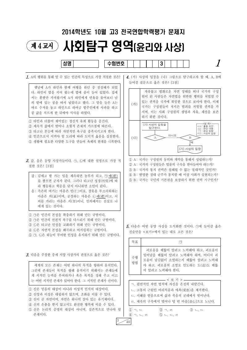 2014년 10월 고3 학력평가 윤리와사상 시험지 첫 페이지