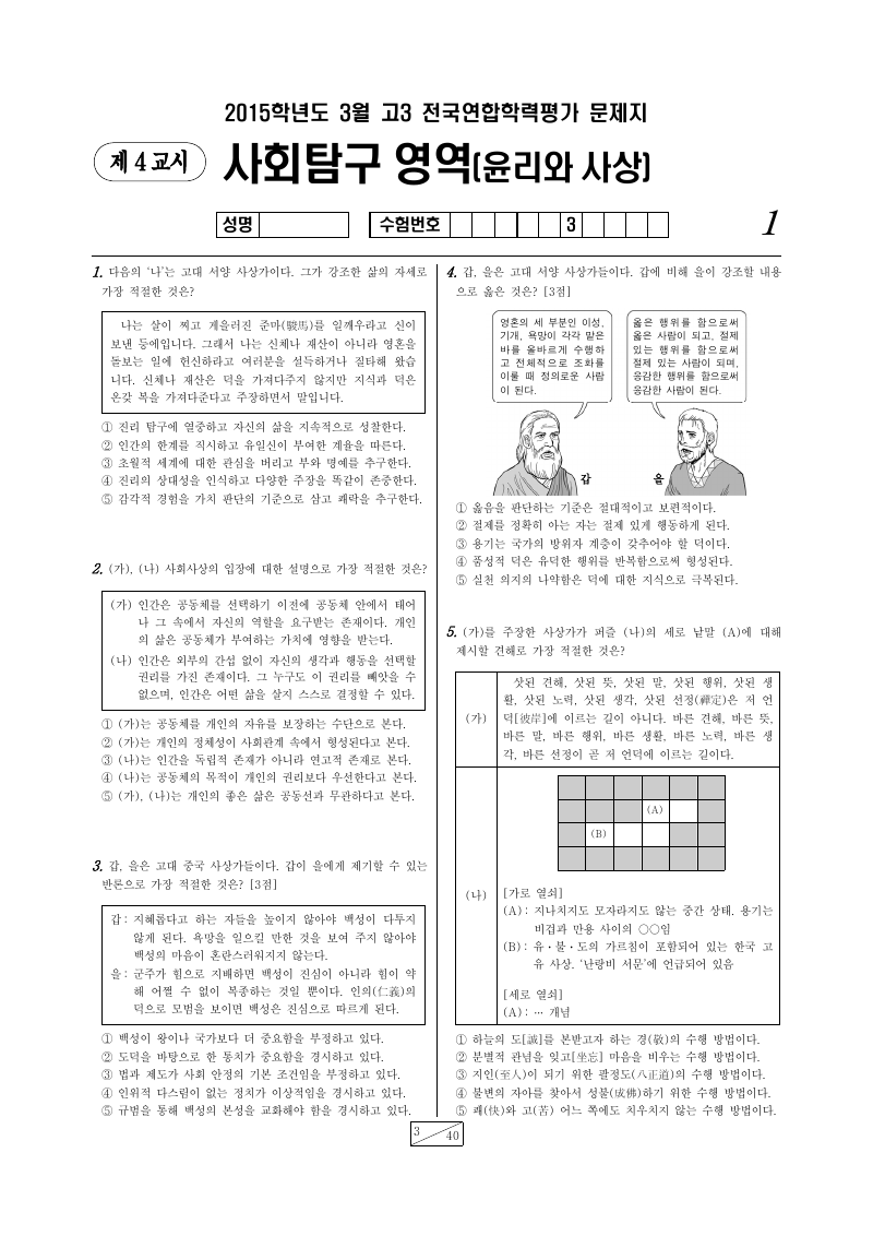 2015년 3월 고3 학력평가 윤리와사상 시험지 첫 페이지