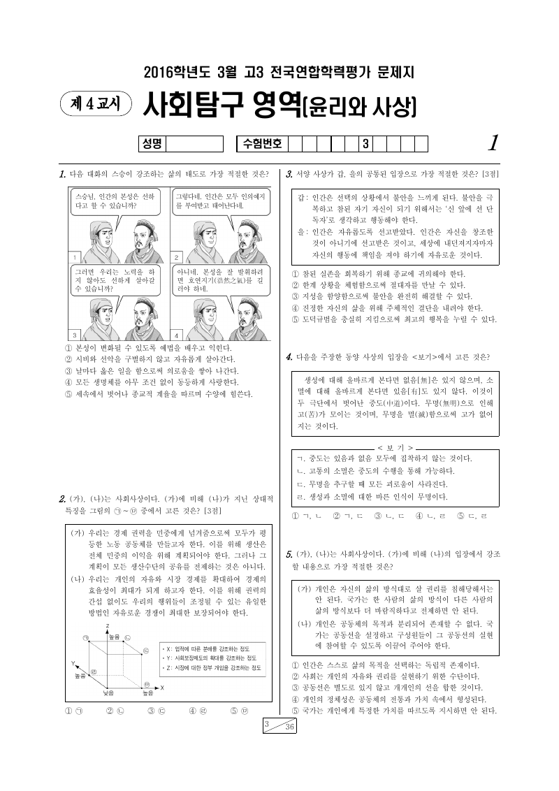 2016년 3월 고3 학력평가 윤리와사상 시험지 첫 페이지