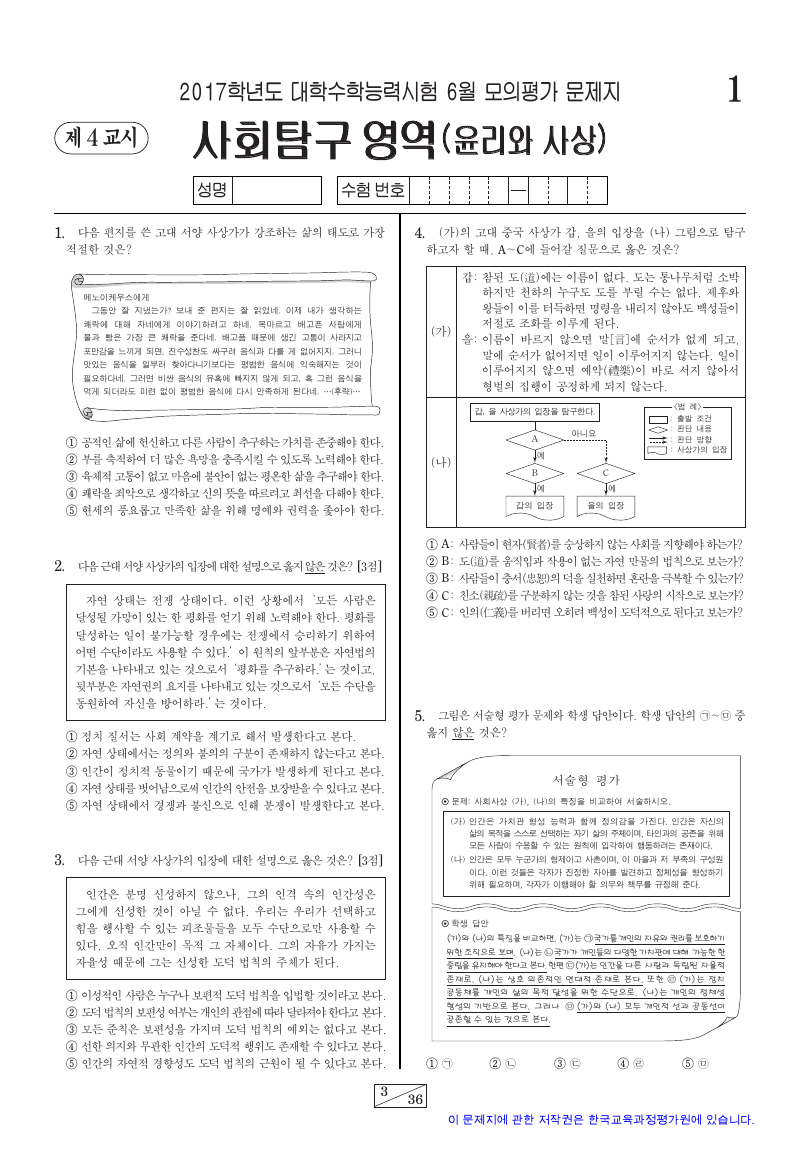 2017학년도 6월 모의평가 윤리와사상 시험지 첫 페이지