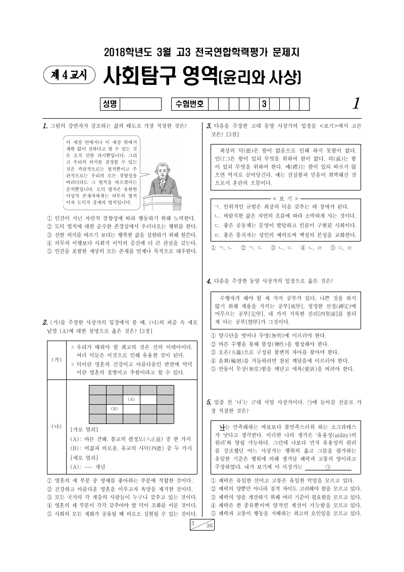 2018년 3월 고3 학력평가 윤리와사상 시험지 첫 페이지