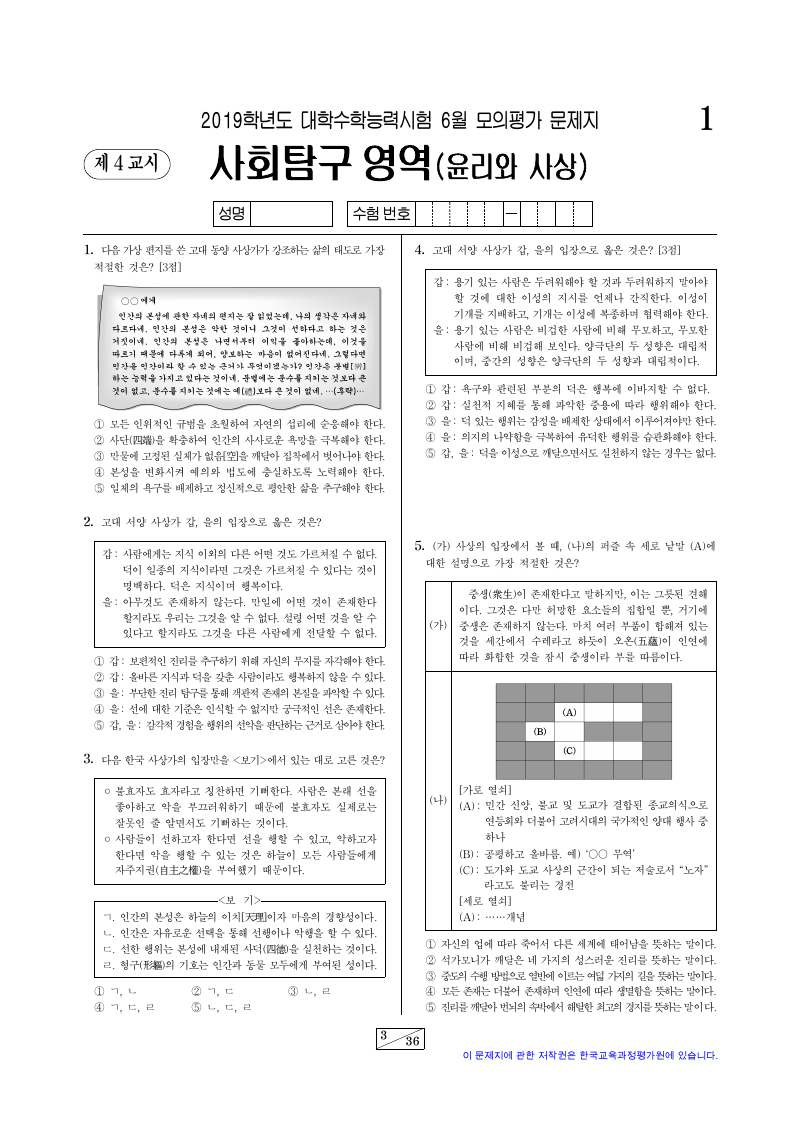 2019학년도 6월 모의평가 윤리와사상 시험지 첫 페이지