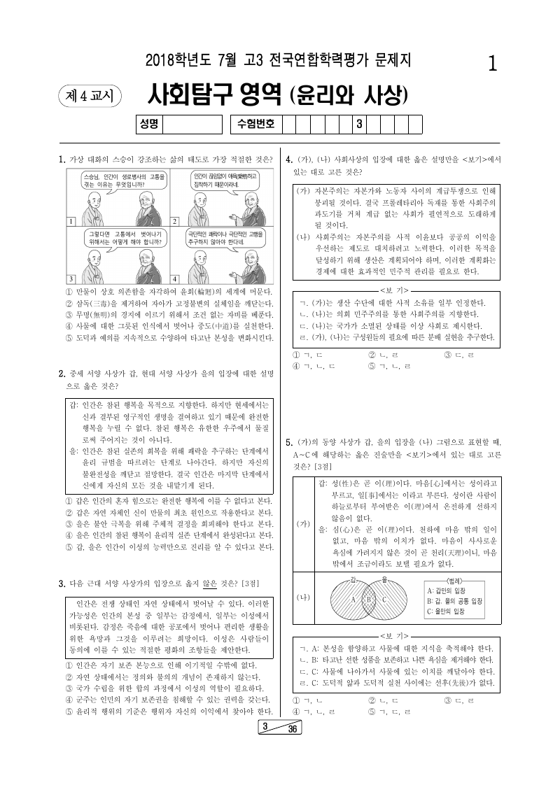 2018년 7월 고3 학력평가 윤리와사상 시험지 첫 페이지