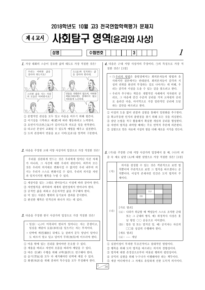 2018년 10월 고3 학력평가 윤리와사상 시험지 첫 페이지