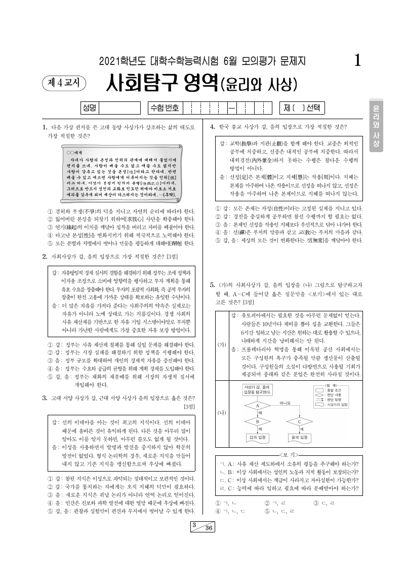 2021학년도 6월 모의평가 윤리와사상 시험지 첫 페이지