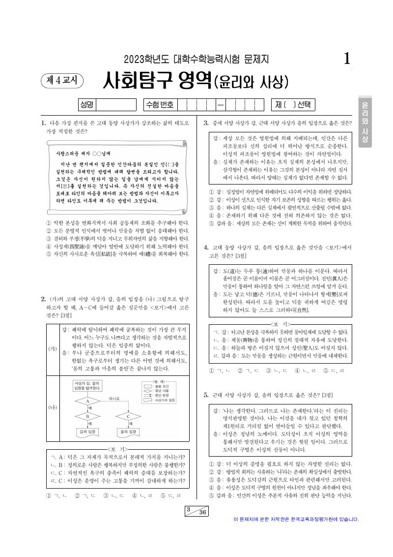 2023학년도 대학수학능력시험 윤리와사상 시험지 첫 페이지