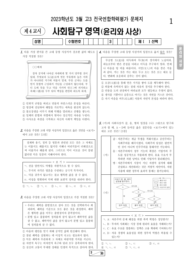 2023년 3월 고3 학력평가 윤리와사상 시험지 첫 페이지