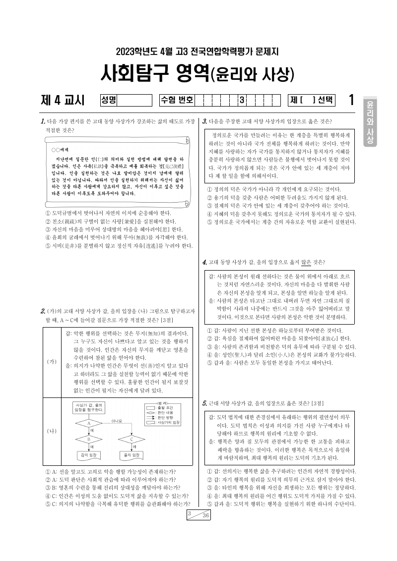 2023년 4월 고3 학력평가 윤리와사상 시험지 첫 페이지