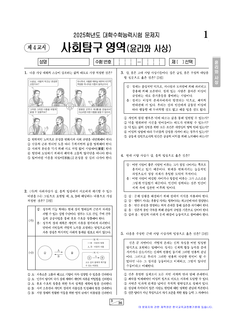 2025학년도 대학수학능력시험 윤리와사상 시험지 첫 페이지