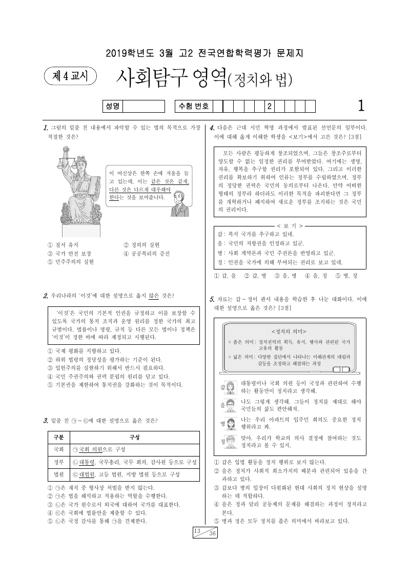2019년 3월 고2 학력평가 정치와법 시험지 첫 페이지