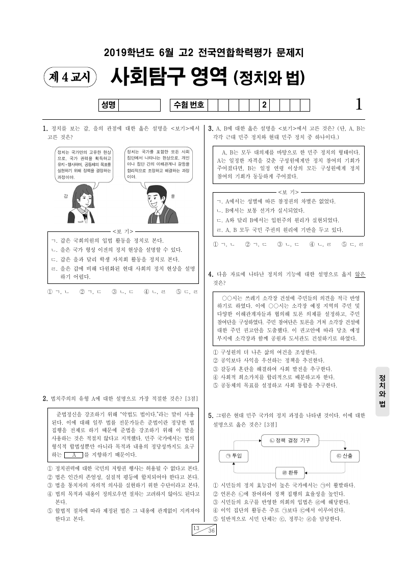 2019년 6월 고2 학력평가 정치와법 시험지 첫 페이지