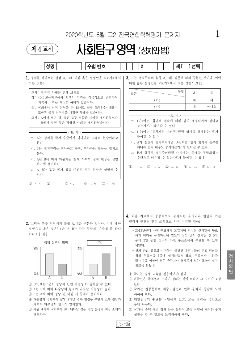 2020년 6월 고2 학력평가 정치와법 시험지 첫 페이지