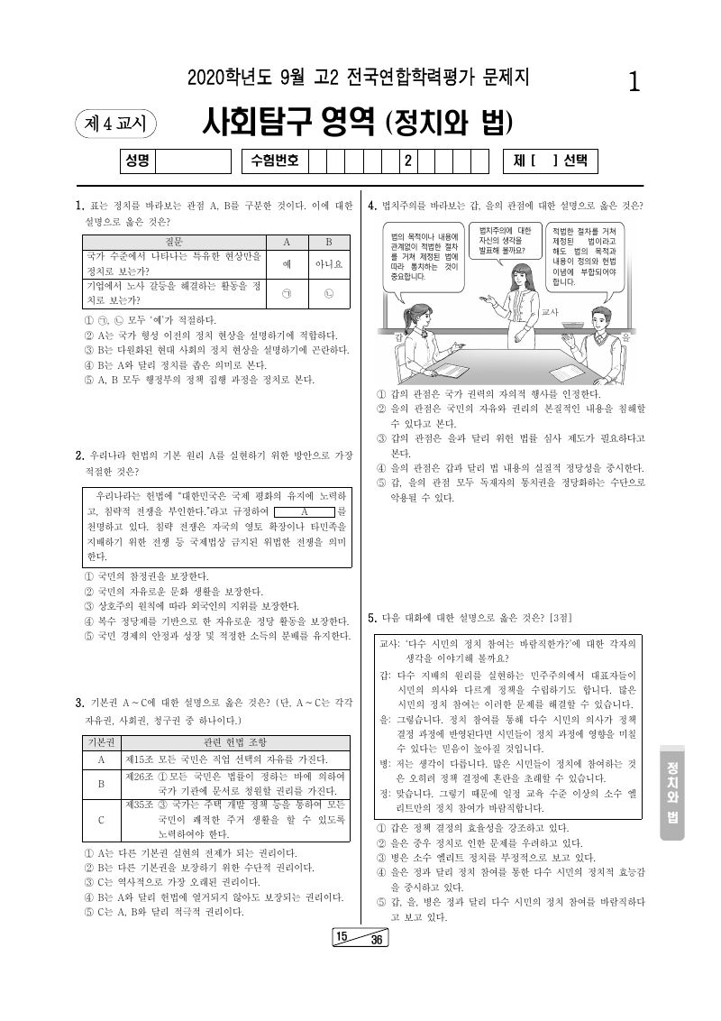 2020년 9월 고2 학력평가 정치와법 시험지 첫 페이지