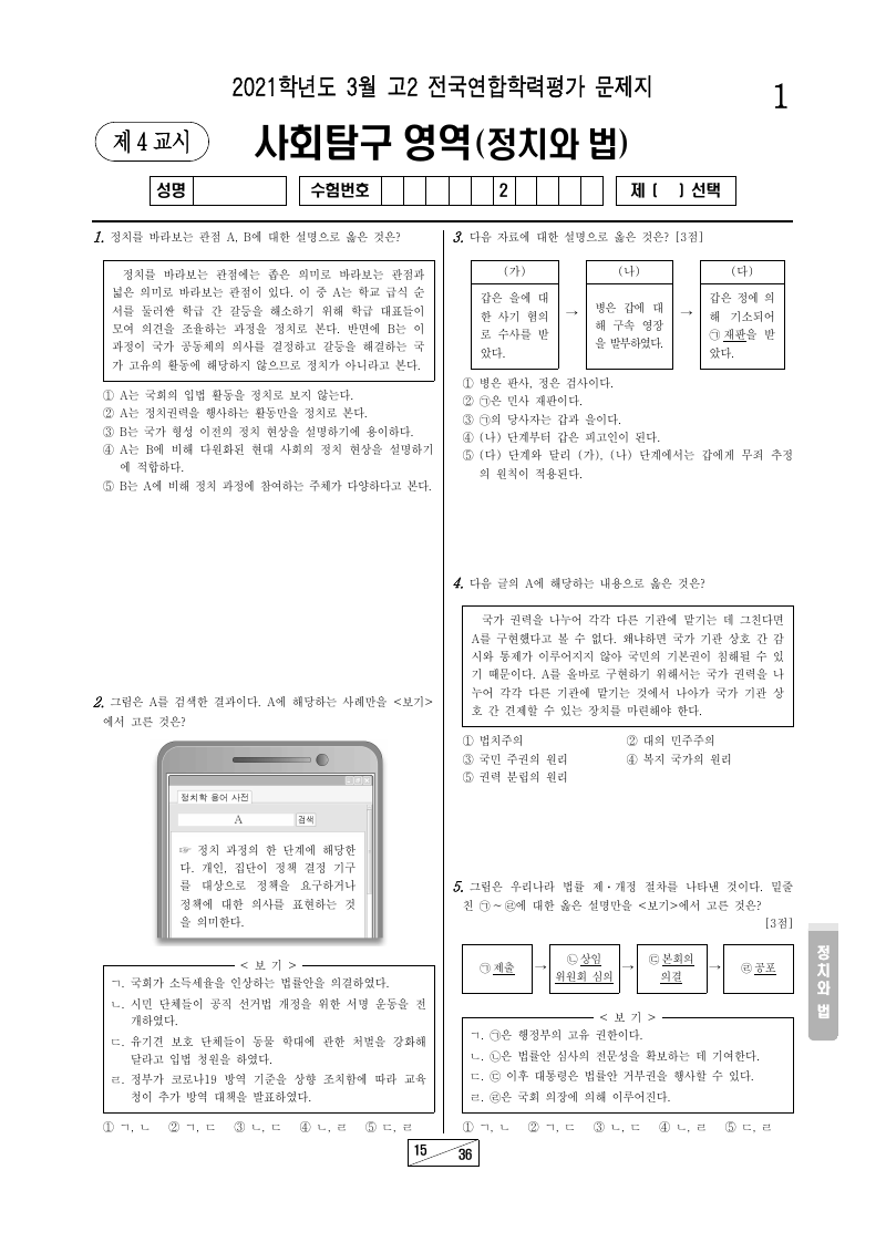 2021년 3월 고2 학력평가 정치와법 시험지 첫 페이지