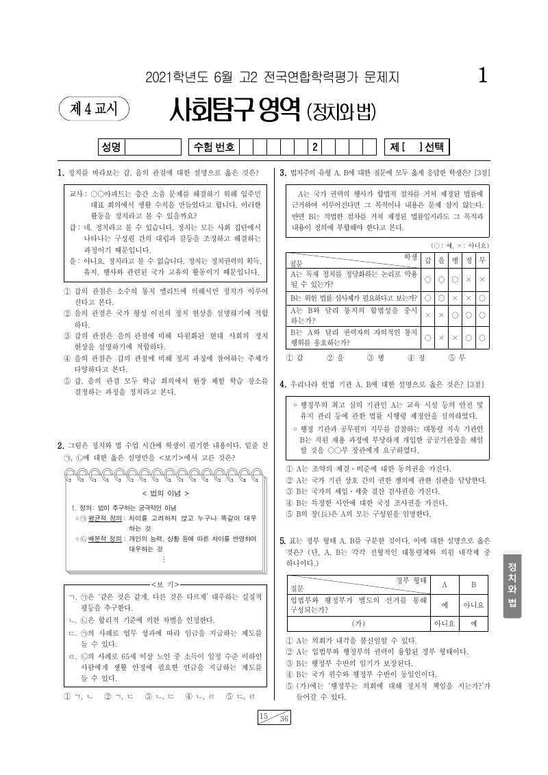 2021년 6월 고2 학력평가 정치와법 시험지 첫 페이지