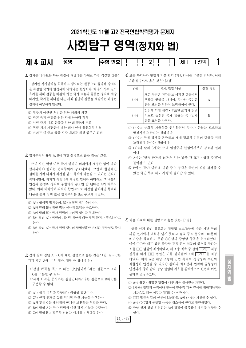 2021년 11월 고2 학력평가 정치와법 시험지 첫 페이지
