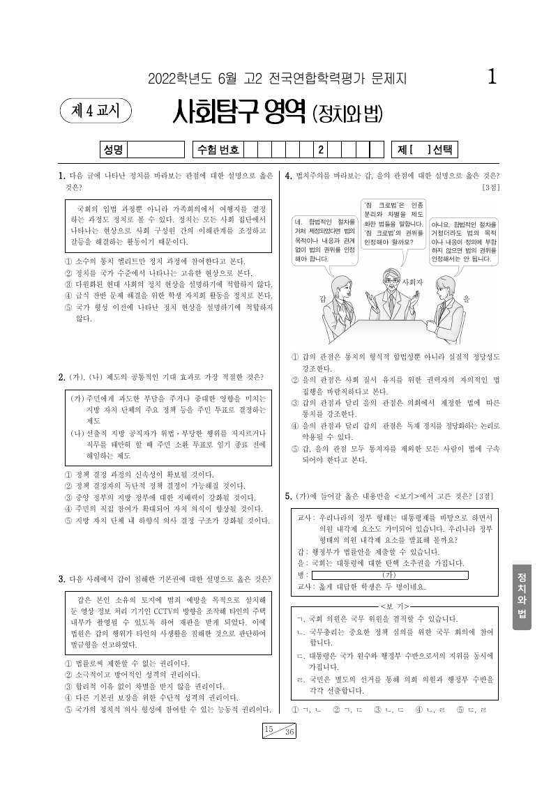 2022년 6월 고2 학력평가 정치와법 시험지 첫 페이지