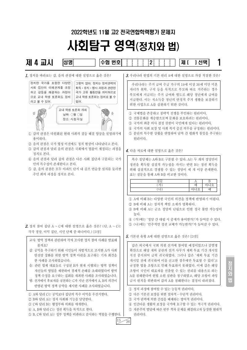 2022년 11월 고2 학력평가 정치와법 시험지 첫 페이지