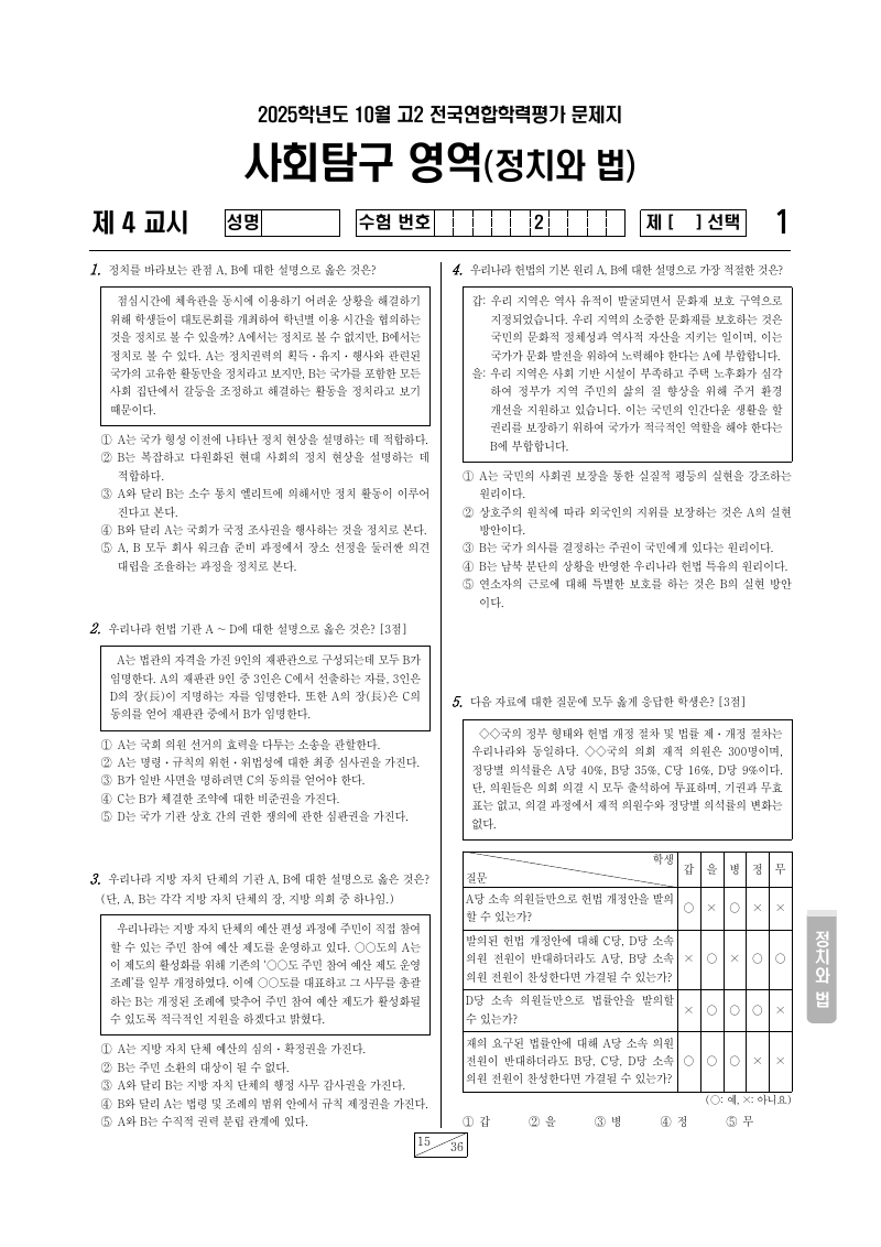 2025년 10월 고2 학력평가 정치와법 시험지 첫 페이지