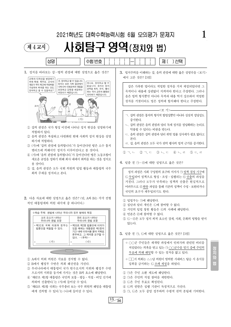 2021학년도 6월 모의평가 정치와법 시험지 첫 페이지