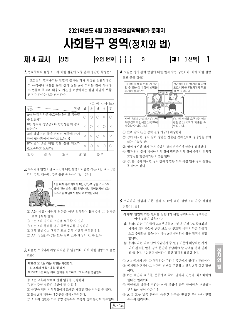 2021년 4월 고3 학력평가 정치와법 시험지 첫 페이지