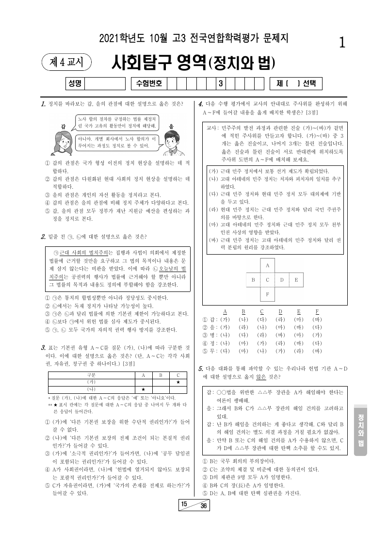 2021년 10월 고3 학력평가 정치와법 시험지 첫 페이지