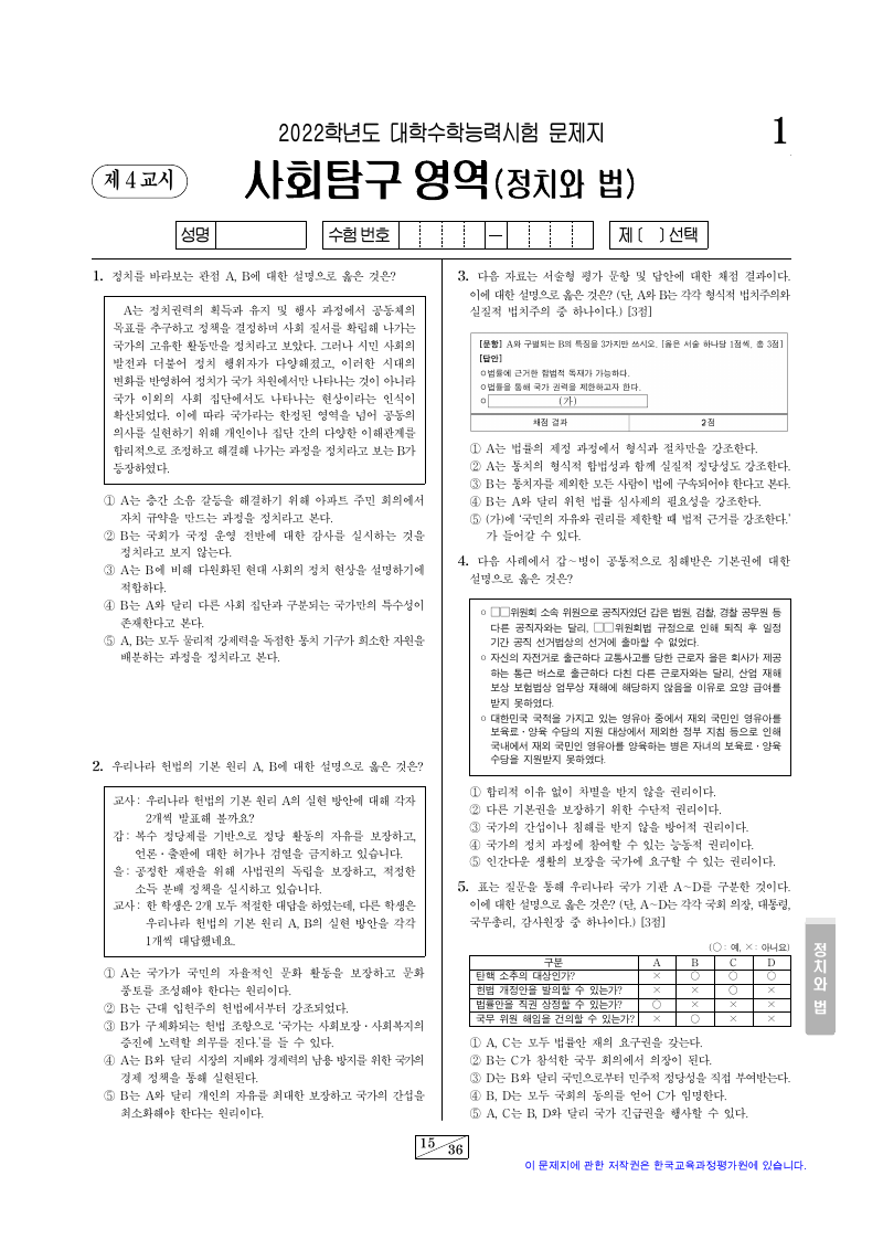 2022학년도 대학수학능력시험 정치와법 시험지 첫 페이지