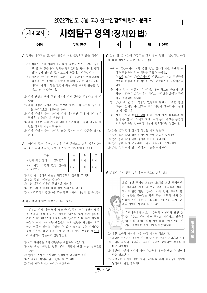 2022년 3월 고3 학력평가 정치와법 시험지 첫 페이지