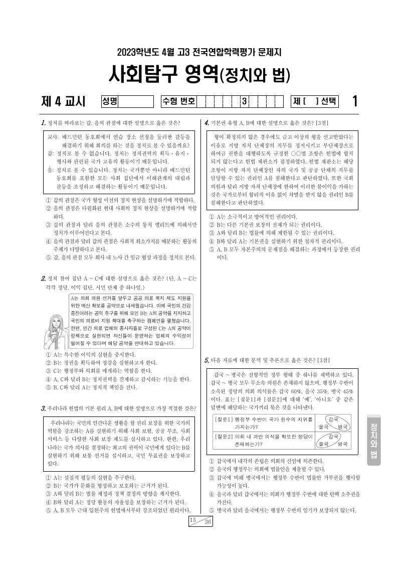 2023년 4월 고3 학력평가 정치와법 시험지 첫 페이지