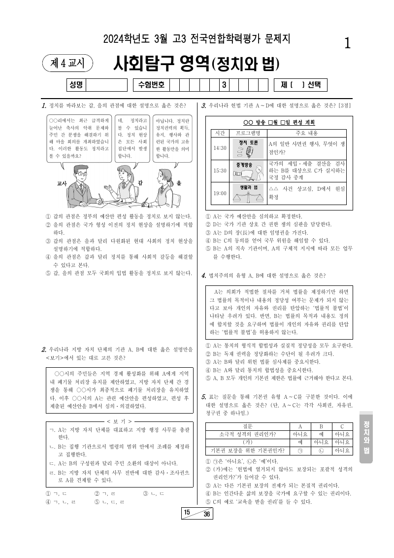 2024년 3월 고3 학력평가 정치와법 시험지 첫 페이지