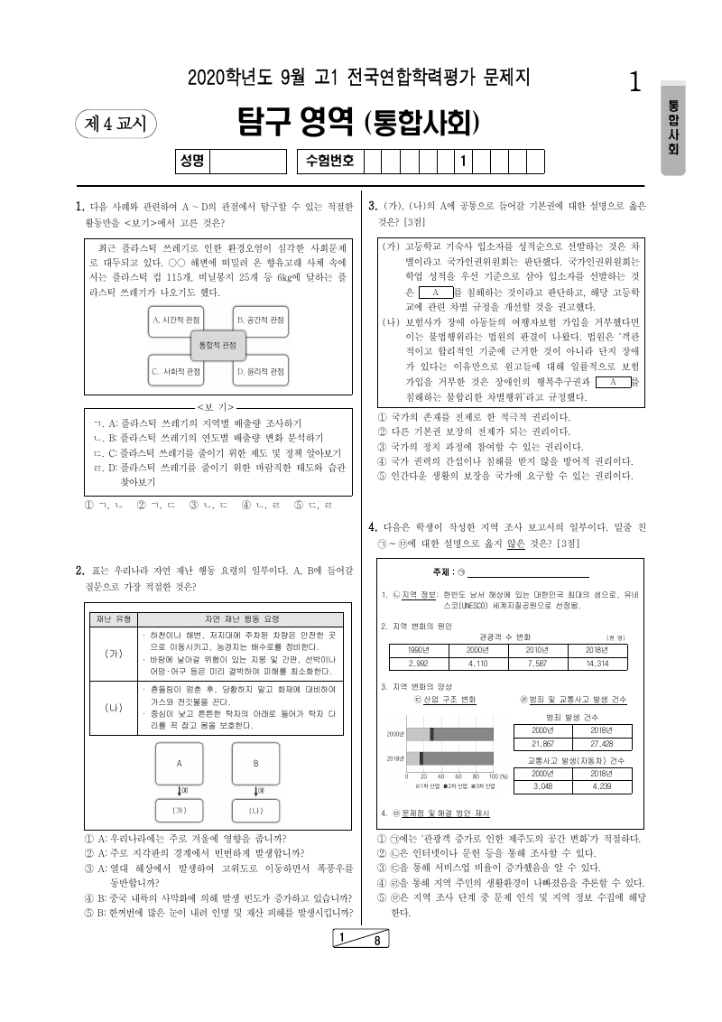 2020년 9월 고1 학력평가 통합사회 시험지 첫 페이지