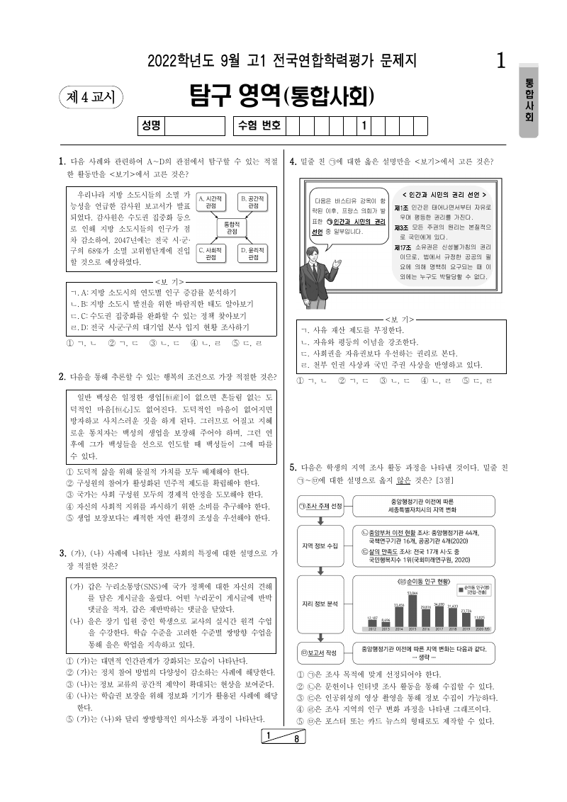 2022년 9월 고1 학력평가 통합사회 시험지 첫 페이지