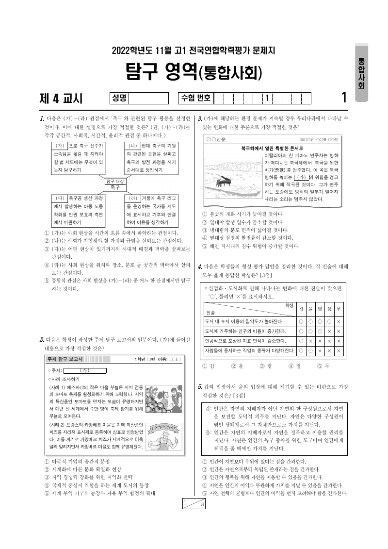 2022년 11월 고1 학력평가 통합사회 시험지 첫 페이지