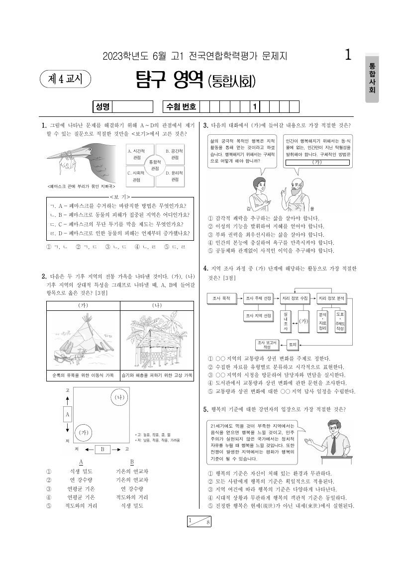 2023년 6월 고1 학력평가 통합사회 시험지 첫 페이지