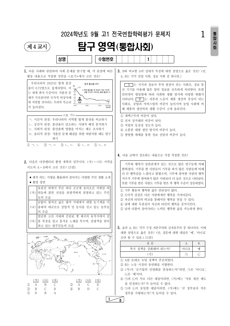2024년 9월 고1 학력평가 통합사회 시험지 첫 페이지