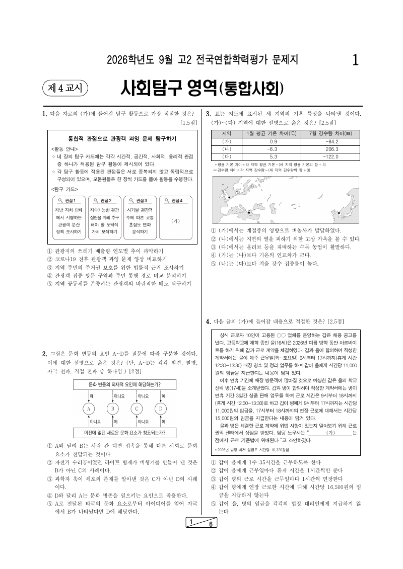 2026년 9월 고2 학력평가 통합사회 시험지 첫 페이지