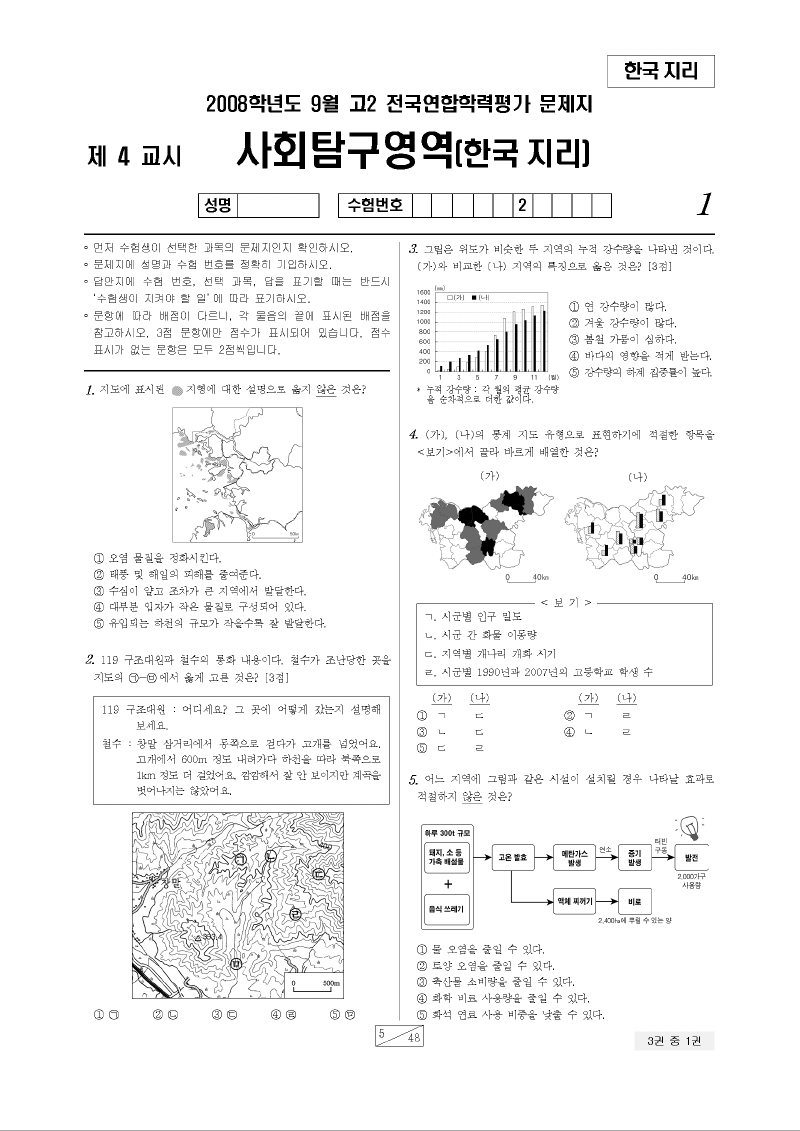 2008년 9월 고2 학력평가 한국지리 시험지 첫 페이지