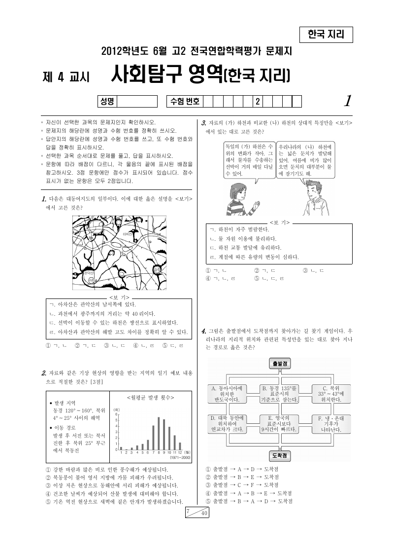 2012년 6월 고2 학력평가 한국지리 시험지 첫 페이지