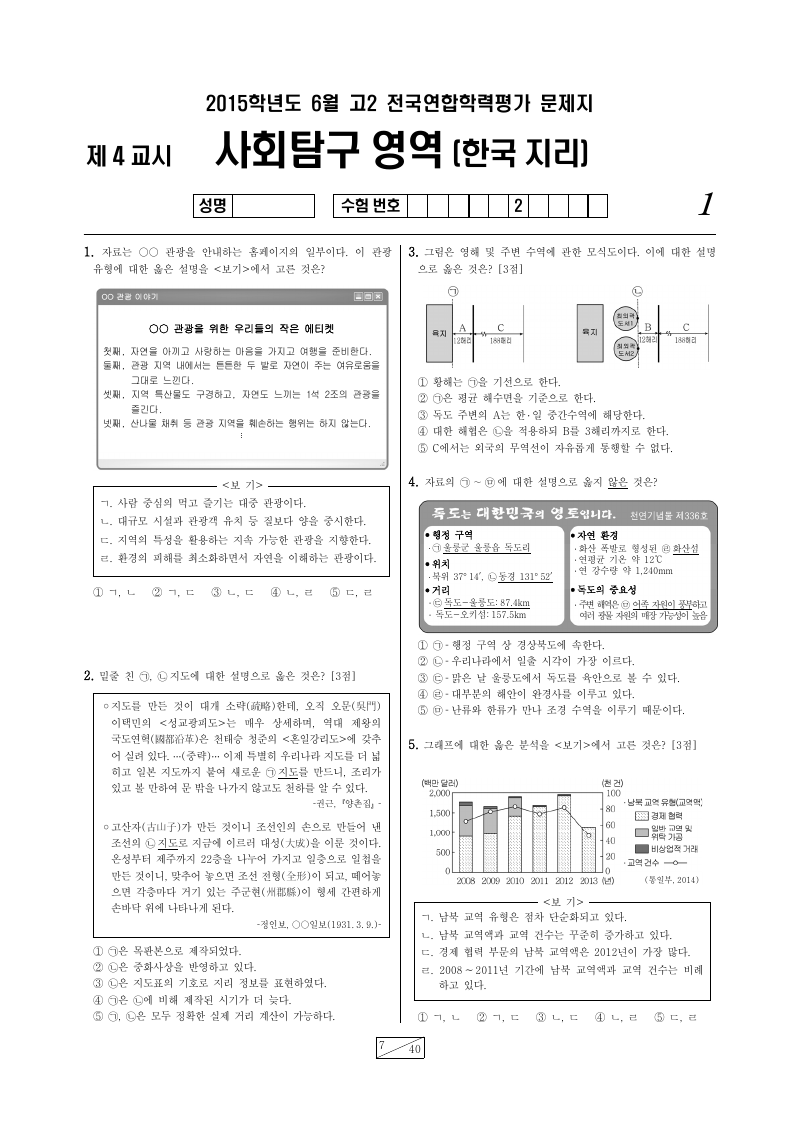 2015년 6월 고2 학력평가 한국지리 시험지 첫 페이지