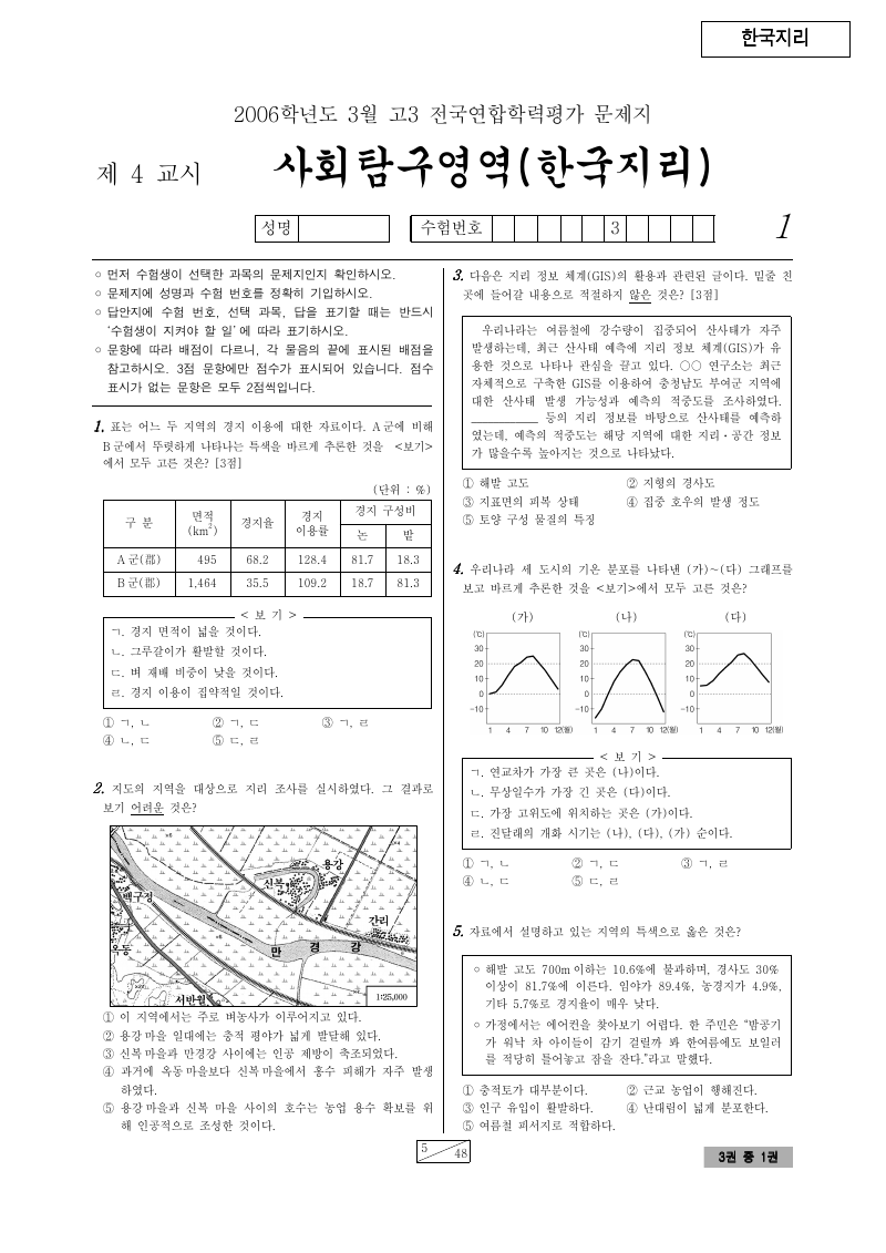 2006년 3월 고3 학력평가 한국지리 시험지 첫 페이지