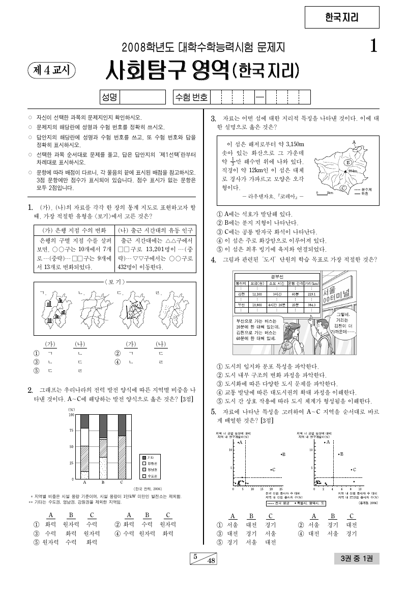 2008학년도 대학수학능력시험 한국지리 시험지 첫 페이지
