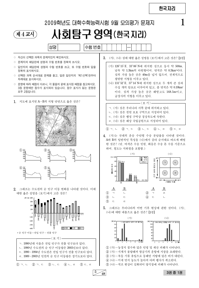 2009학년도 9월 모의평가 한국지리 시험지 첫 페이지