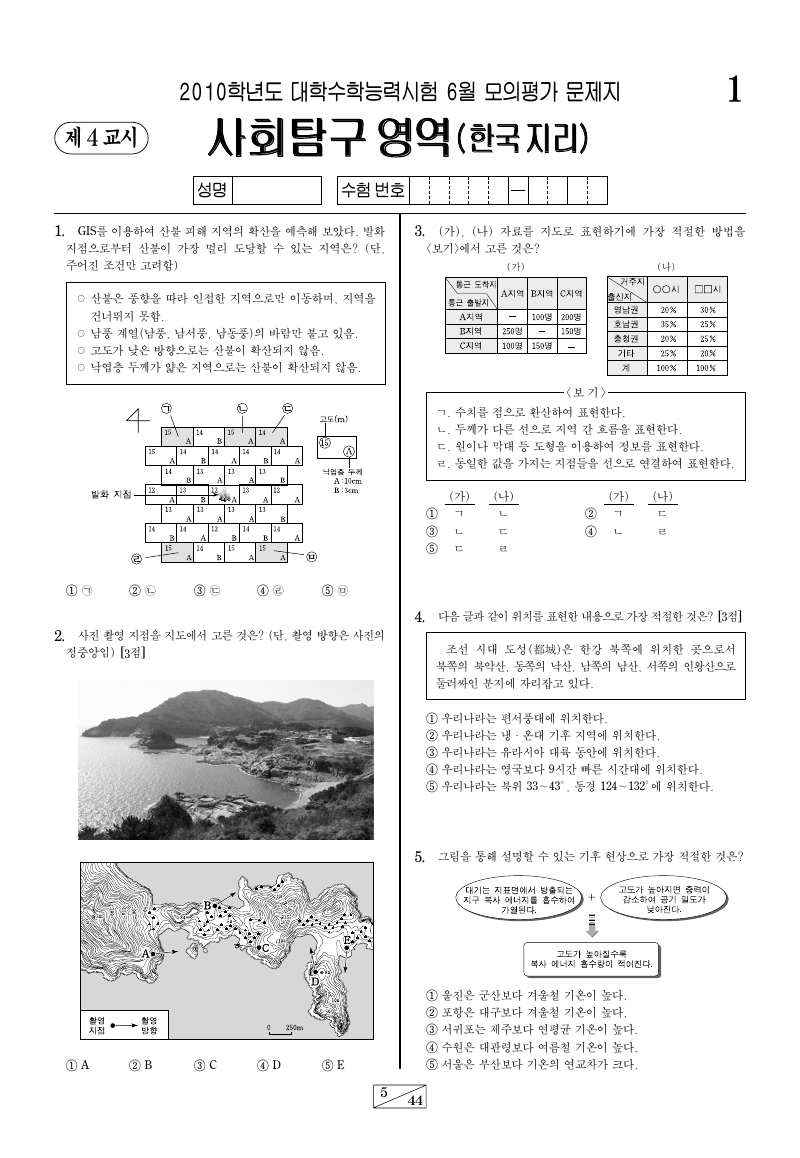 2010학년도 6월 모의평가 한국지리 시험지 첫 페이지