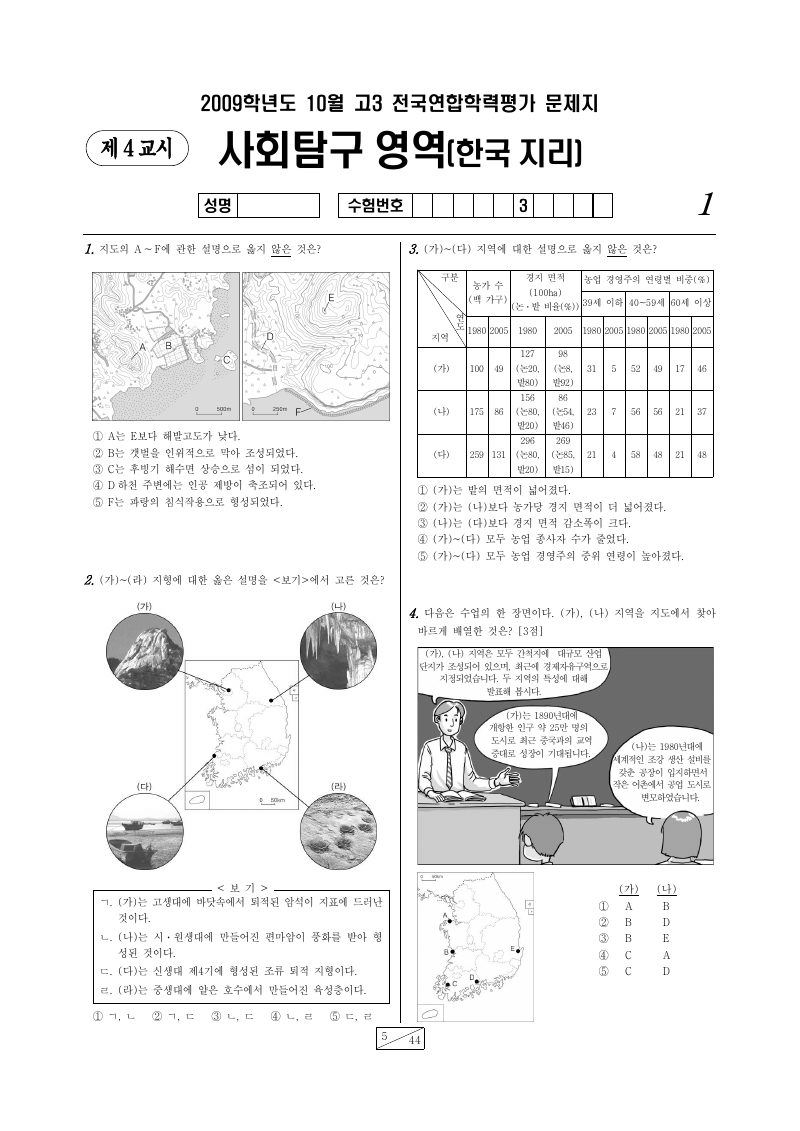 2009년 10월 고3 학력평가 한국지리 시험지 첫 페이지