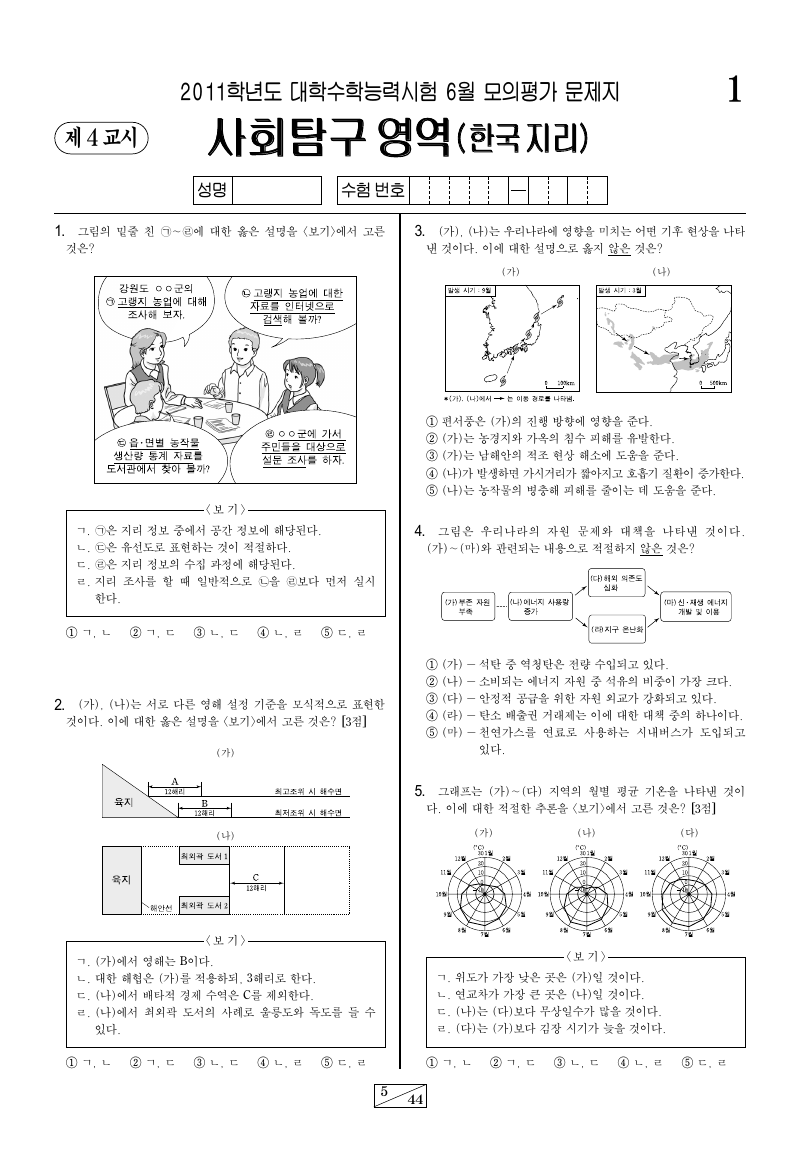 2011학년도 6월 모의평가 한국지리 시험지 첫 페이지