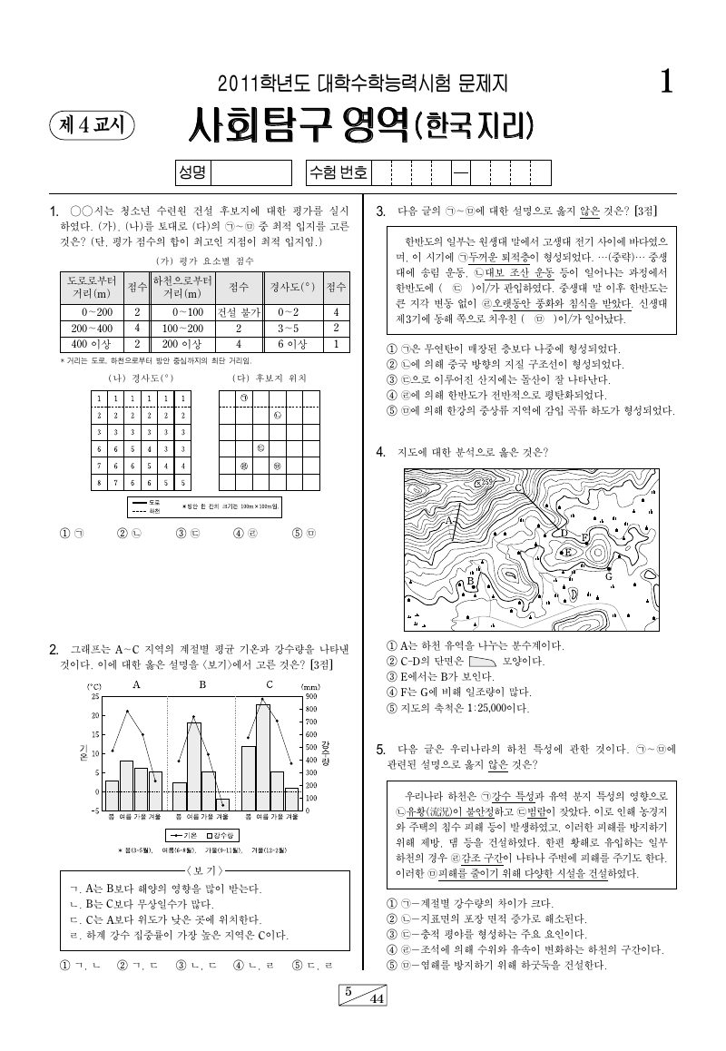 2011학년도 대학수학능력시험 한국지리 시험지 첫 페이지