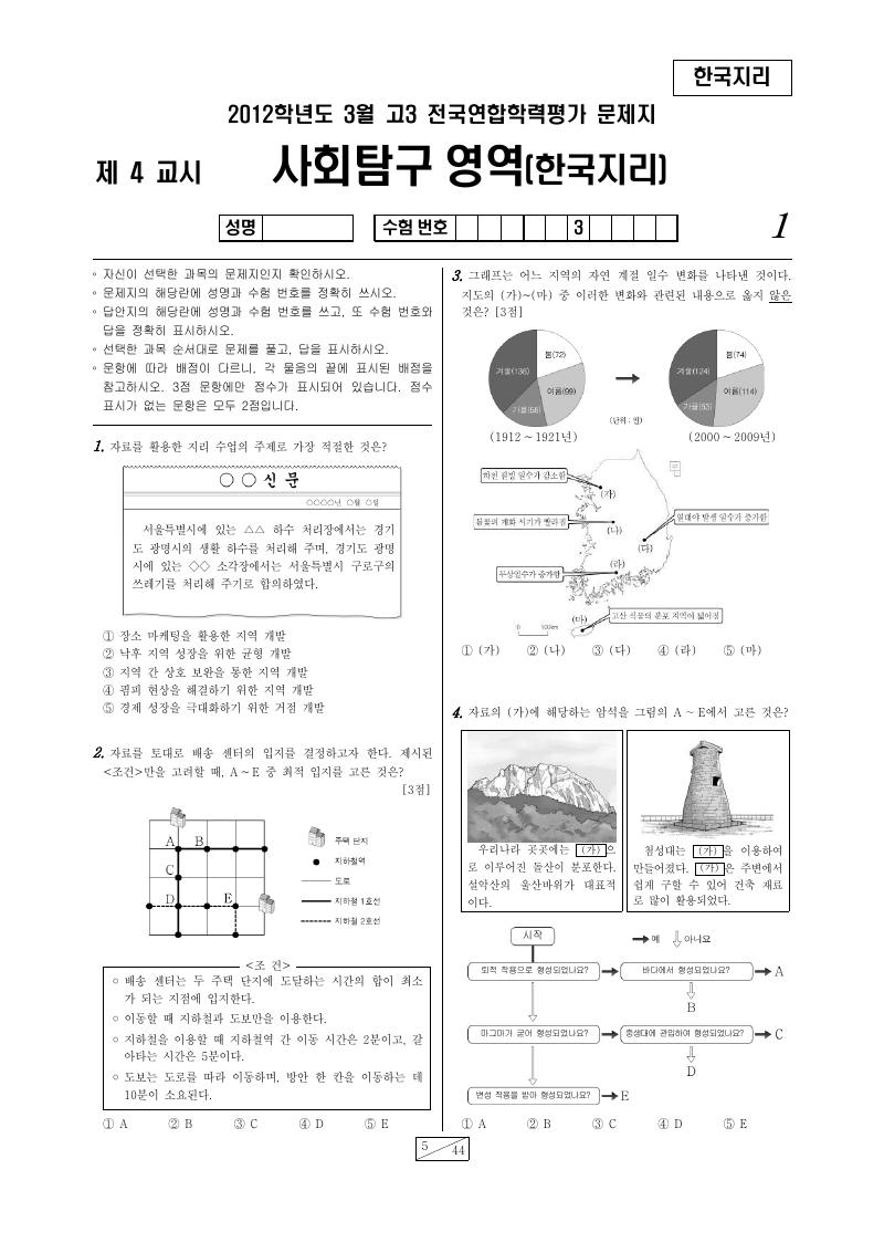 2012년 3월 고3 학력평가 한국지리 시험지 첫 페이지