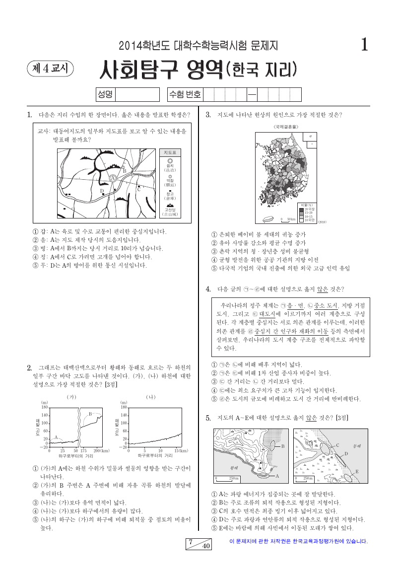 2014학년도 대학수학능력시험 한국지리 시험지 첫 페이지